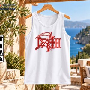 DEATH logo graphic with intricate red gothic lettering, white outlines, sharp angular shapes and sweeping top flourish
