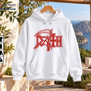 DEATH logo graphic with intricate red gothic lettering, white outlines, sharp angular shapes and sweeping top flourish