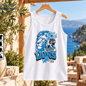 Detroit Lions One Pride Roaring Lion Football Shirt 2 Detroit Lions One Pride graphic featuring a blue lion portrait, roaring lion mascot, Detroit banner, bold LIONS lettering, and Since 1934 text