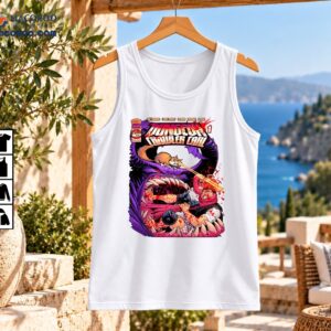Dungeon Crawler Carl Volume 1 graphic shirt with laser-eyed orange cat, giant purple monster, and comic book artwork