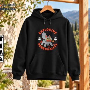 Explosive Personality cartoon gray cat holding lit dynamite with orange lettering, white skulls and flames