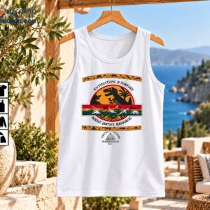 Vintage Extinction Is Forever dinosaur graphic with orange sunset, prehistoric landscape and conservation message