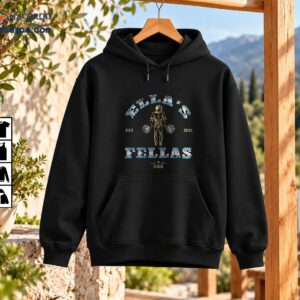 Fellas vintage graphic with distressed blue lettering, gold accents, a central pom-pom figure, EST 2026, and USA