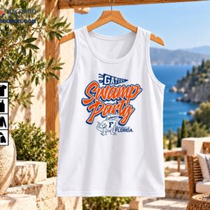 Florida Gators Swamp Party graphic with orange script, blue Gators pennant, and vintage alligator mascot