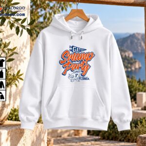 Florida Gators Swamp Party graphic with orange script, blue Gators pennant, and vintage alligator mascot