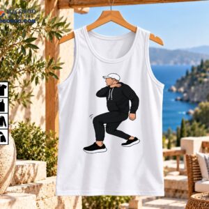 Cartoon football coach dancing in a black hoodie and joggers with a white baseball cap and black sneakers