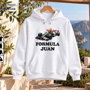 Formula Juan graphic featuring a green white and red race car with a tan sombrero black mustache and bold lettering