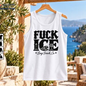 Fuck ICE Long Beach Ca protest shirt design with black gothic lettering, lighthouse, ocean wave and palm tree