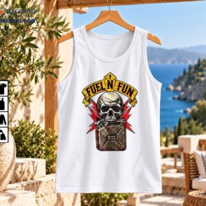 FUEL N FUN vintage graphic featuring a human skull, olive green gas can, red lightning bolts, and distressed yellow lettering