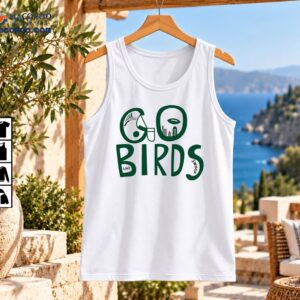 Go Birds Love Swoop Football Fan Logo Shirt 2 Go Birds football graphic with forest green lettering, helmet details, a small football, city skyline, LOVE, and SWOOP