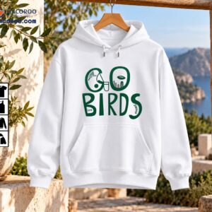 Go Birds Love Swoop Philadelphia Football Graphic Shirt 3 Go Birds football graphic with forest-green lettering, helmet-inspired G, football, city skyline, Love, and Swoop