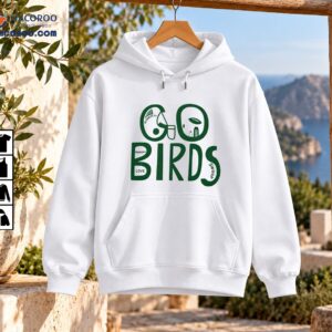 Go Birds Philadelphia Eagles Football Vintage Graphic Shirt 3 Go Birds Philadelphia football shirt design with distressed green lettering, a football, helmet-inspired artwork, and city skyline details