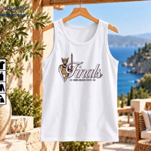 Golden State 2026 Finals basketball shirt design with gold armored warrior, sword, purple outlines and white script