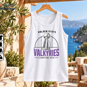 Golden State Valkyries Champions 2026 shirt design with purple lettering, basketball trophy and black court lines