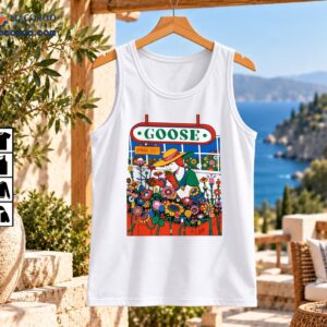 Goose Spring 2027 retro graphic with red-haired gardener in yellow hat surrounded by colorful flowers and vines