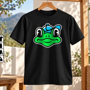 Green Frog Wearing Blue Cap Cartoon Logo Shirt