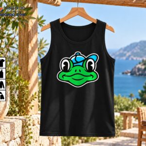 Smiling green cartoon frog wearing a bright blue cap with bold black outlines and a white border
