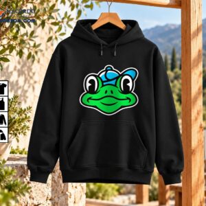 Smiling green cartoon frog wearing a bright blue cap with bold black outlines and a white border