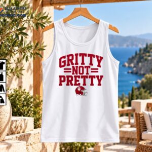 Gritty Not Pretty IU Football Helmet Graphic Shirt 2 Gritty Not Pretty crimson varsity lettering with IU football helmet graphic on a football fan shirt