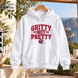Gritty Not Pretty IU Football Helmet Graphic Shirt 3 Gritty Not Pretty crimson varsity lettering with IU football helmet graphic on a football fan shirt