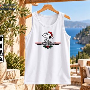 GTX Holiday Horsepower Airplane Christmas Graphic Shirt 2 GTX holiday graphic featuring a cartoon beagle in a Santa hat above a vintage airplane emblem with holly and red berries