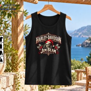 Harley Davidson Jim Beam Christmas Skeleton Shirt 2 Vintage Christmas biker emblem with HARLEY-DAVIDSON and JIM BEAM lettering, a skull in a red Santa hat, and holly berries