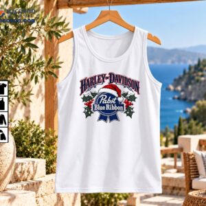Vintage Christmas graphic with Harley-Davidson lettering, Pabst Blue Ribbon emblem, red Santa hat, snowy holly, and berries