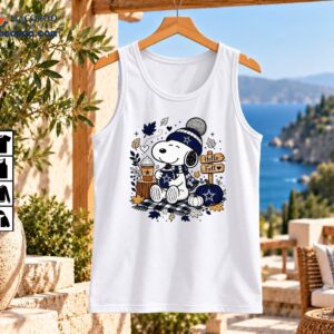 Snoopy in a navy beanie and star scarf with pumpkins, autumn leaves, a coffee cup, and a Hello Fall wooden sign