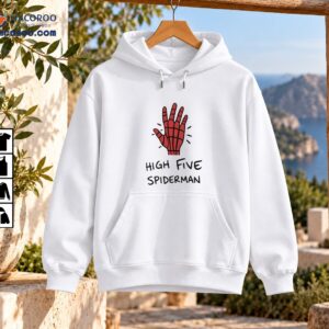 Red web-patterned superhero hand with black outlines and HIGH FIVE SPIDERMAN lettering