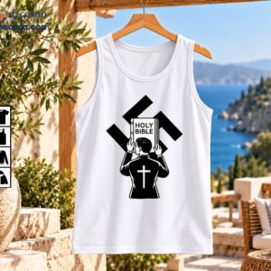 Black and white graphic of a man holding a Holy Bible with a cross on his back and a large swastika behind him