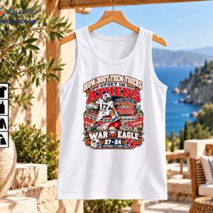How Bout Them Tigers Upset In Athens Football Rivalry Shirt 2 Auburn football shirt graphic with How Bout Them Tigers, Upset in Athens, a player leaping over a bulldog, and a 27-24 score