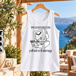 I'd Rather Be Phishing shirt graphic with angry retro desktop computer cartoon and black-and-white barcode-style text