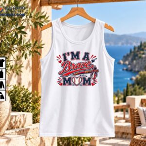 I'm A Brave Mom vintage patriotic graphic with red script, navy varsity letters, baseball heart and feather accents