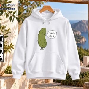 Olive-green cartoon pickle with a sleepy expression and speech bubble reading I’m kind of a big dill