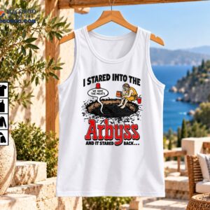 I Stared Into The Arbyss And It Stared Back graphic with black abyss, seated man, red lettering and funny meat slogan