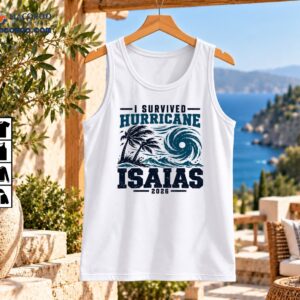 Hurricane Isaias 2026 shirt design with distressed navy lettering, teal cyclone, windblown palm trees, and ocean waves