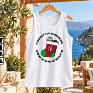 Christmas Stocking Snowflake Santa Coal Humor Shirt 2 Cartoon Christmas stocking with a red body, green glitter-style patches, white snowflake, fluffy trim, and gray chimney details
