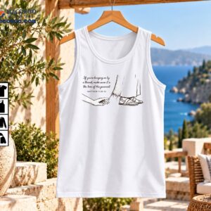Christian shirt design with a reaching hand, robe hem, sandals, and Matthew 9:20-22 faith message