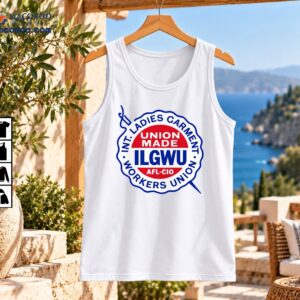 ILGWU union made graphic with a red, white, and blue scalloped seal, sewing needle, and thread