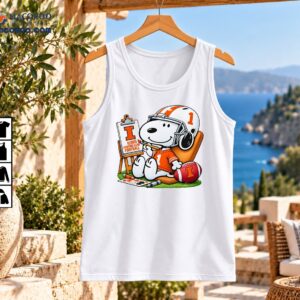 Illinois Fighting Illini Football Snoopy Painting Number 1 Shirt 2 Snoopy in an orange number 1 football jersey and helmet painting beside an Illinois football sign and red football