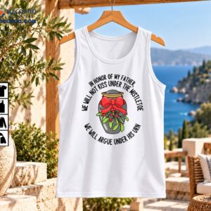 Christmas humor shirt design with a gray urn, red bow, green mistletoe, and funny father tribute lettering