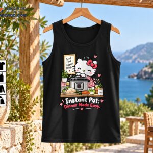 Cute white cartoon cat in a pink apron cooking beside a pressure cooker with vegetables and Dinner Made Easy lettering
