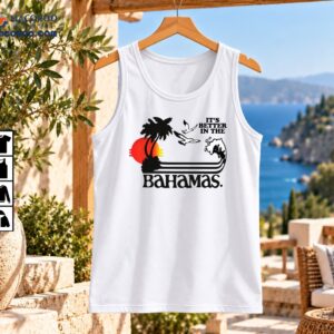 Bahamas tropical island design with black palm trees, red and yellow sunset, seabirds, ocean waves, and retro lettering