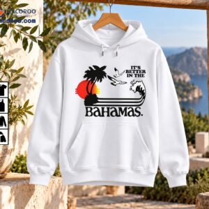Bahamas tropical island design with black palm trees, red and yellow sunset, seabirds, ocean waves, and retro lettering