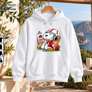 Jax State Football Snoopy Painting Number 1 Shirt 3 White cartoon beagle in a red number 1 football jersey and helmet beside a JAX STATE easel, football, and paint palette
