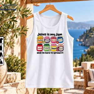 Jesus Is My Jam Christian shirt design with eight colorful faith-themed jam jars, flowers, stars and playful lettering