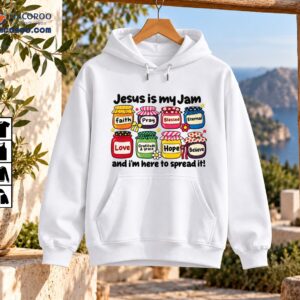 Jesus Is My Jam Christian shirt design with eight colorful faith-themed jam jars, flowers, stars and playful lettering