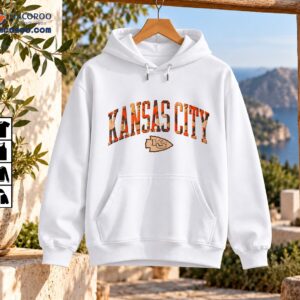Kansas City Chiefs fall camo shirt design with arched KANSAS CITY lettering and beige KC arrowhead emblem