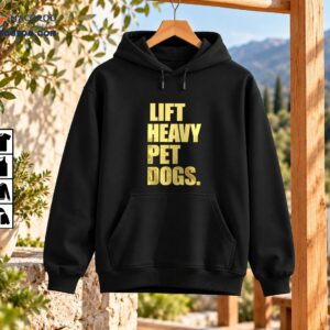 Lift Heavy Pet Dogs graphic shirt design with distressed cream and gold block lettering in a vintage athletic style