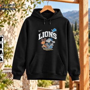 Lions Christmas Reindeer Sleigh Cartoon Shirt 3 LIONS Christmas cartoon design with a dog in blue Santa clothes riding a silver sleigh pulled by a reindeer